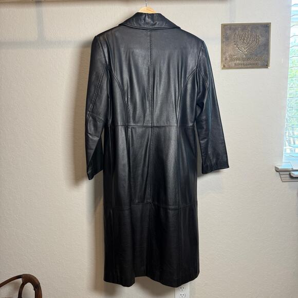 Women's Winlit Long Black 100% Leather Button Front Coat Size Medium - Picture 8 of 9